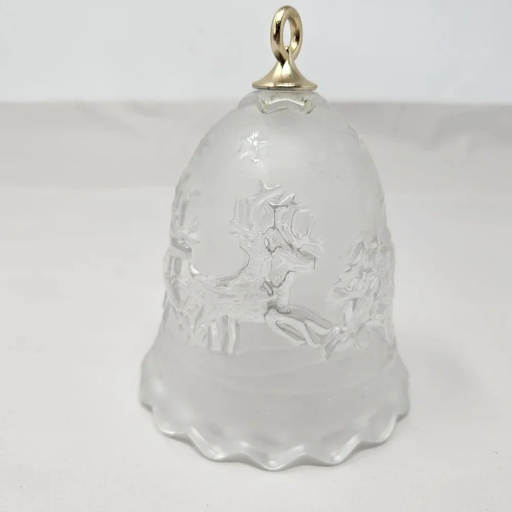 Vtg Mikasa Christmas Frosted Glass Holiday Bell Santa, Reindeer & Sled Gift